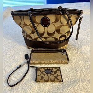 Coach Signature Khaki and Brown Tote with Wallet and Wristlet